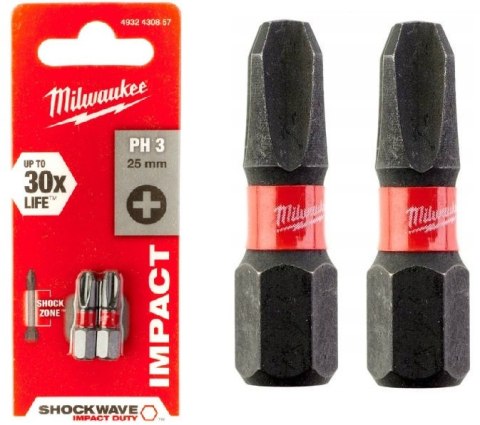 BIT, GROT, KOŃCÓWKA SHOCKWAVE PH3 25MM 2 SZT. MILWAUKEE