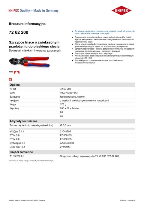 SZCZYPCE O ZWIĘKSZONYM PRZEŁOŻENIU DO CIĘCIA PŁASKIEG 200MM KNIPEX