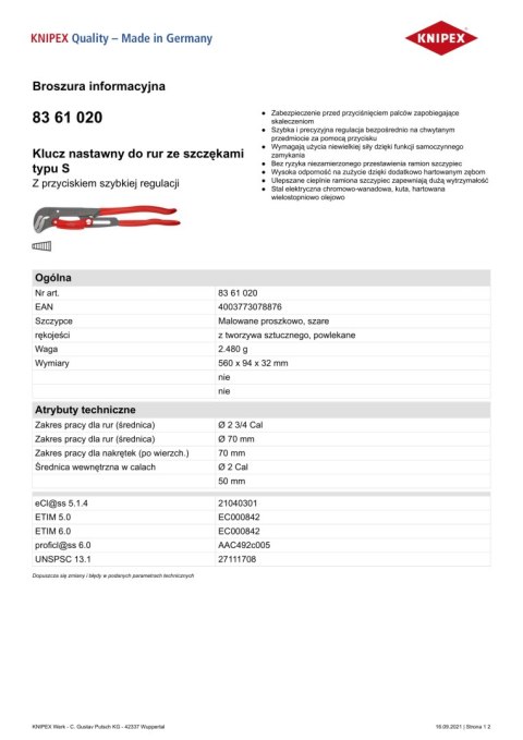 KLUCZ DO RUR, ROZSTAW 50 70MM, DŁ. 560 MM KNIPEX