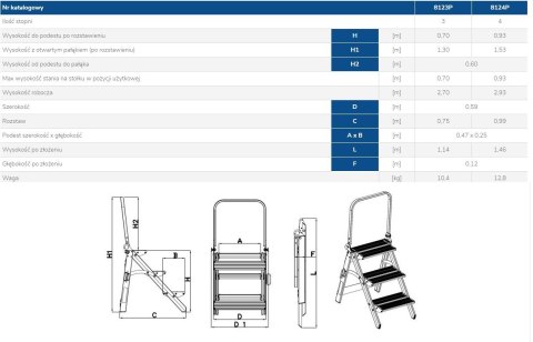 SCHODKI SKŁADANE, Z PORĘCZĄ 70CM 3 STOPNIE DRABEX