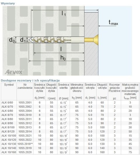 DYBEL PRZEDŁUŻANY ŁEB Z NACIĘCIEM KRZYŻOWYM ALK 10/120MM ARVEX