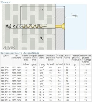 DYBEL PRZEDŁUŻANY ŁEB Z NACIĘCIEM KRZYŻOWYM ALK 10/140MM ARVEX