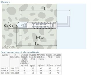 DYBEL UNIVERSALNY Z HAKIEM KĄTOWYM GXHK 6MM ARVEX