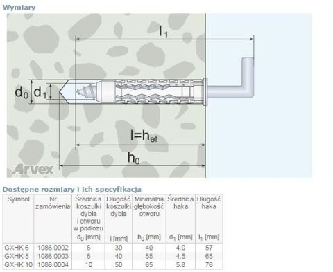 DYBEL UNIVERSALNY Z HAKIEM KĄTOWYM GXHK 6MM ARVEX