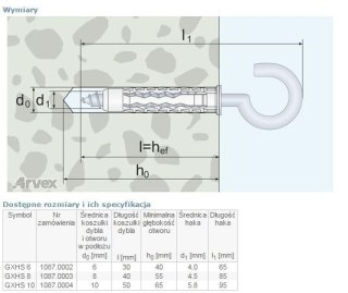 DYBEL UNIVERSALNY Z HAKIEM SUFITOWYM GXHS 6MM ARVEX