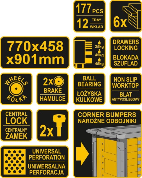 SZAFKA SERWISOWA Z NARZĘDZIAMI 6 SZUFLAD 177 ELEMENTÓW VOREL