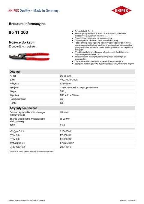 NOŻYCE DO KABLI 200MM KNIPEX