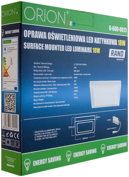 PANEL LED NATYNKOWY Z ZASILACZEM RAND 225*225 18W ORION