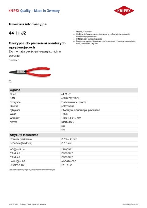 SZCZYPCE DO PIERŚCIENI SEGERA PROSTE WEWNĘTRZNE 180MM KNIPEX