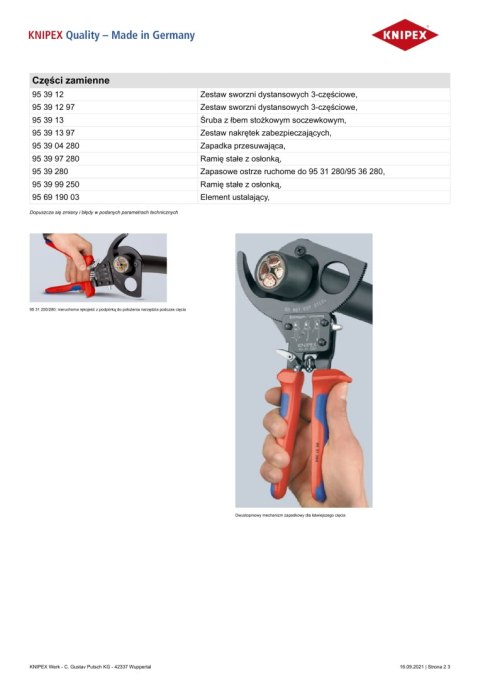 NOŻYCE DO KABLI 280MM, MECHANIZM ZAPADKOWY KNIPEX