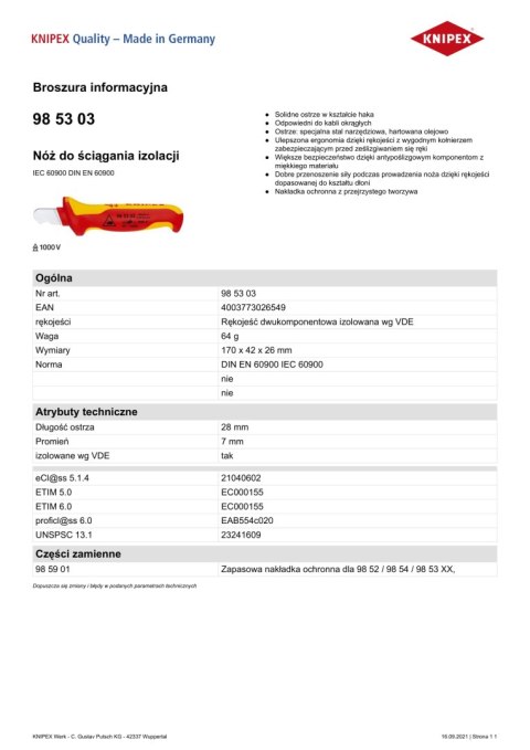 NÓŻ DO ŚCIĄGANIA IZOLACJI 170MM KNIPEX