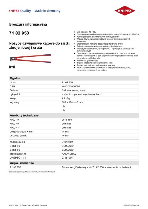 NOŻYCE KĄTOWE DO CIĘCIA ZBROJENIA 950MM KNIPEX