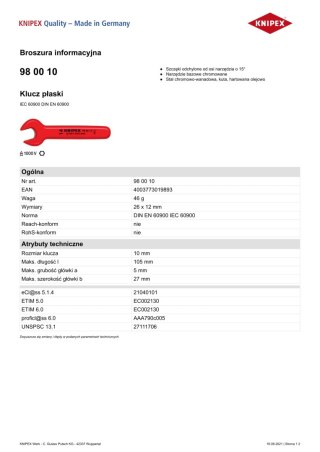 KLUCZ PŁASKI IZOLOWANY 1000V 10MM KNIPEX