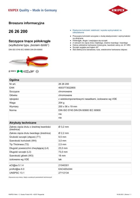 SZCZYPCE IZOLOWANE WYDŁUŻONE WYGIĘTE TNĄCE PÓŁOKRĄGŁE 200MM KNIPEX