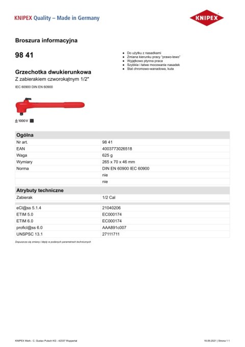 GRZECHOTKI DWUKIERUNKOWE Z ZABIERAKIEM 1/2'' 1000V KNIPEX