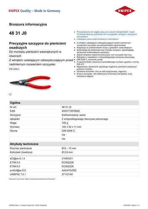 PRECYZYJNE SZCZYPCE DO PIERŚCIENI WEW.PROSTE 140MM KNIPEX