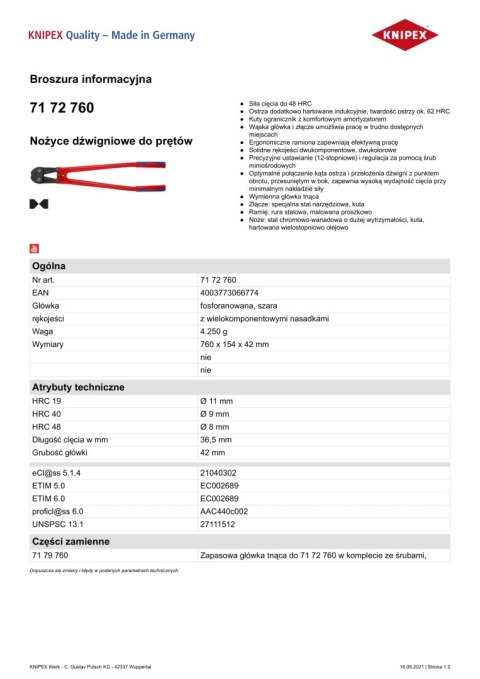 NOŻYCE DO PRĘTÓW 760MM KNIPEX