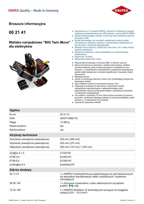 WALIZKA NARZĘDZIOWA 'BIG TWIN MOVE' DLA ELEKTRYKÓW 63-CZĘŚCI KNIPEX