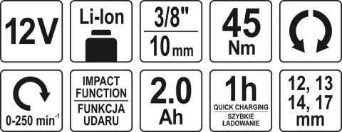 GRZECHOTKA UDAROWA 12V 2.0AH 60MIN 45NM YATO