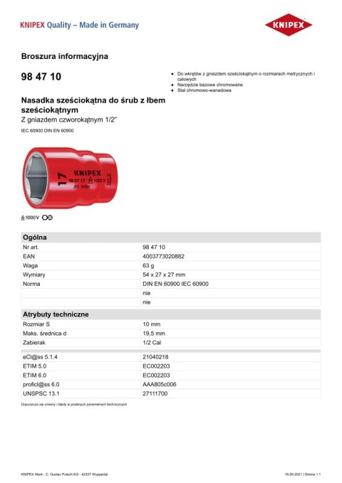 NASADKA SZEŚCIOKĄTNA DO ŚRUB Z ŁBEM SZEŚCIOKĄTNYM 1/2' 10MM KNIPEX