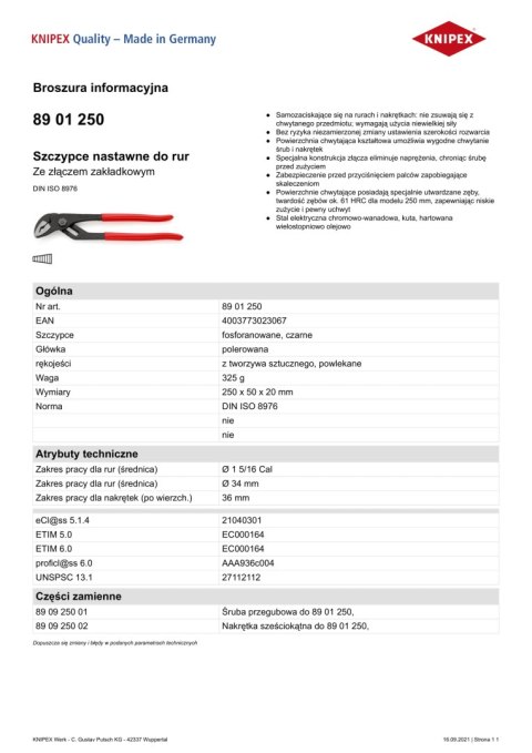 SZCZYPCE DO RUR ZE ZŁĄCZEM ZAKŁADKOWYM 250MM KNIPEX