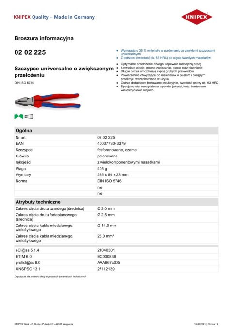 SZCZYPCE UNIWERSALNE 225MM KNIPEX