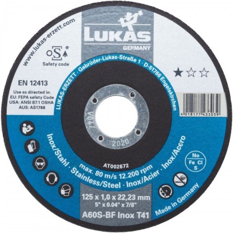 TARCZA PŁASKA T1A 100*1.0*16.00 A60S-BF INOX LUKAS