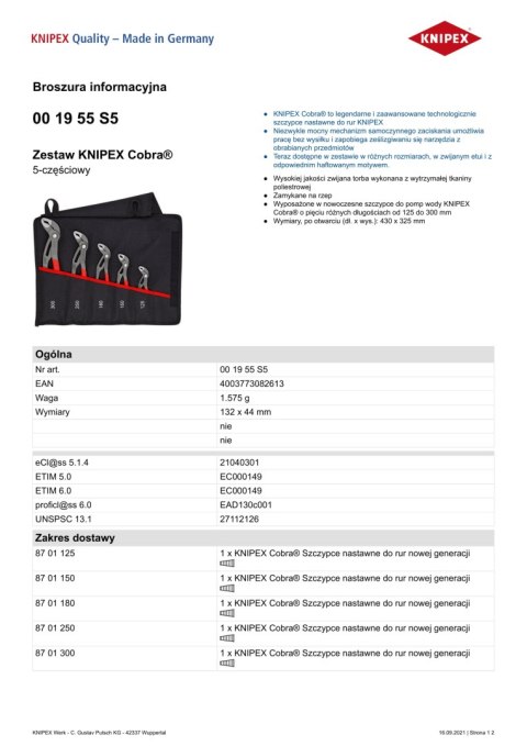 ZESTAW SZCZYPIEC DO RUR W ETUI 5-CZĘŚC 125,150,180,250,300MM KNIPEX