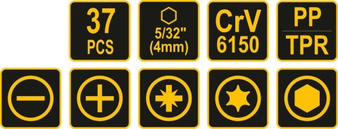 ZESTAW KOŃCÓWEK ŚRUBOKRĘTOWYCH 37SZT. Z UCHWYTEM VOREL