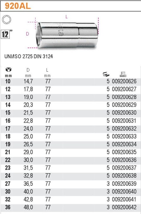 NASADKA 1/2''SZEŚCIOKĄTNA DŁUGA 19MM BETA
