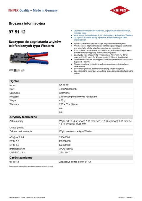 SZCZYPCE ZAGNIATAJĄCE DŹWIGNIOWE DO WTYKÓW RJ 10/11/12/45 KNIPEX