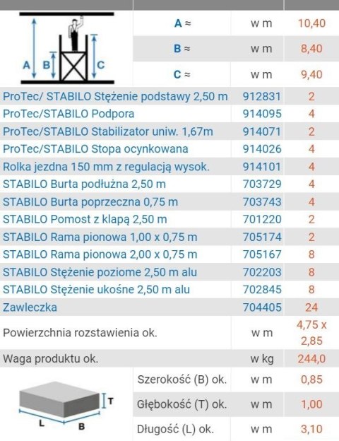 RUSZTOWANIE STABILO 10, 0.75*2.5M WYSOKOŚĆ ROBOCZA 10.4M KRAUSE