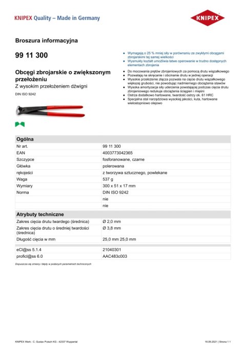 OBCĘGI ZBROJARSKIE O ZWIĘKSZONYM PRZEŁOŻENIU 300MM KNIPEX