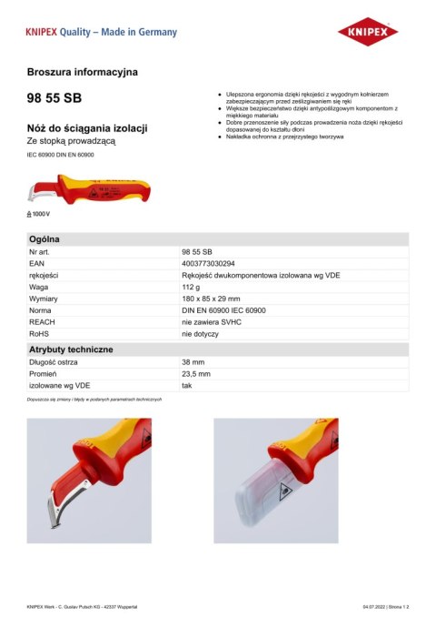 NÓŻ DO ŚCIĄGANIA IZOLACJI ZE STOPKĄ PROWADZĄCĄ 180MM KNIPEX