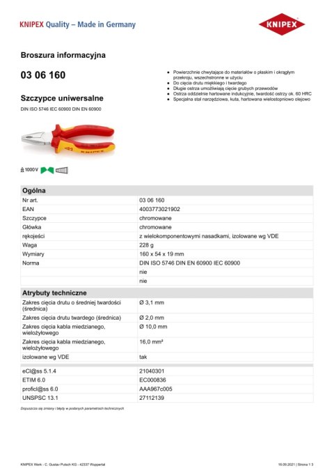 SZCZYPCE UNIWERSALNE IZOLOWANE VDE 160MM KNIPEX