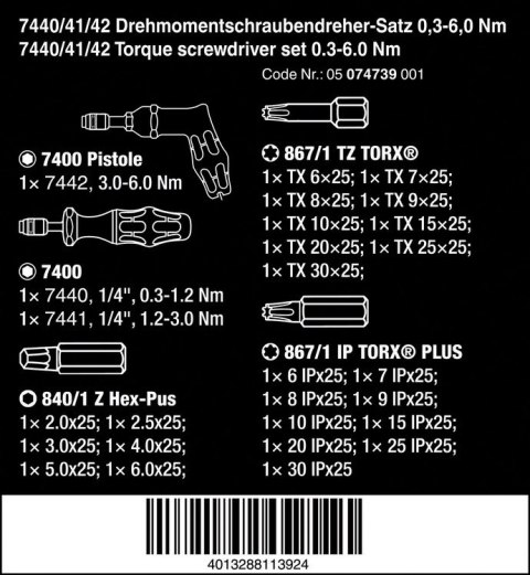 ZESTAW WKRĘTAKÓW DYNAMOMETRYCZNYCH NASTAWNYCH 0.3-6.0NM 27CZ WERA
