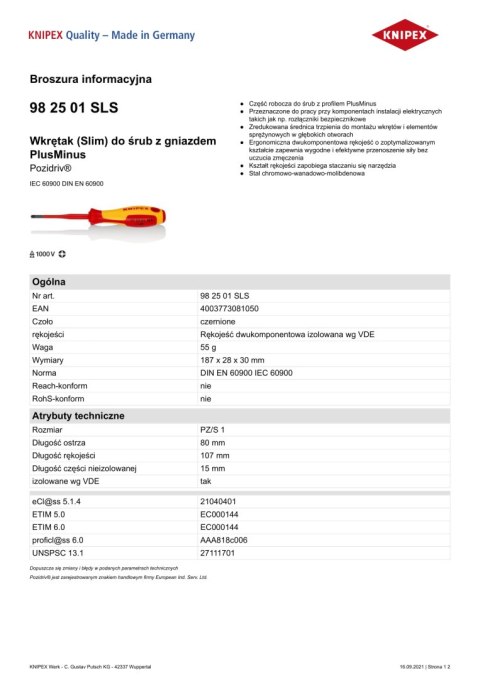 WKRĘTAK POZIDRIV SLIM IZOLACJĄ 100 MM PZ2 KNIPEX