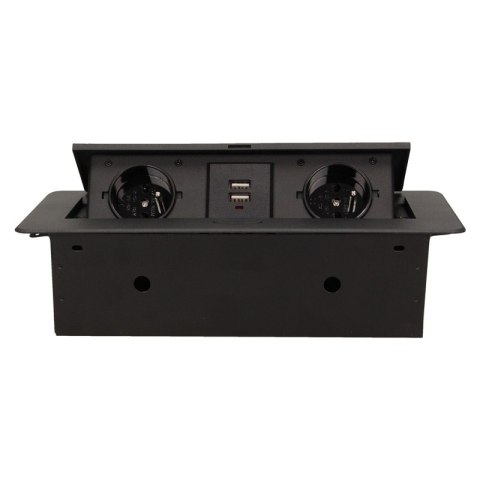 GNIAZDA WPUSZCZANE W BLAT 2X2P+Z, 2XUSB PŁASKI RANT CZARNY ORNO