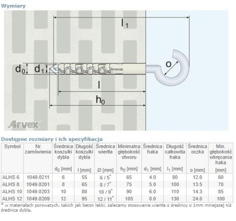 DYBEL PRZEDŁUŻANY Z HAKIEM SUFITOWYM ALHS 8MM ARVEX