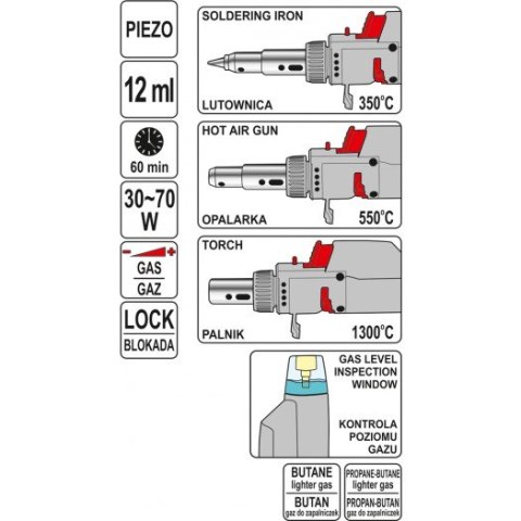 LUTOWNICA GAZOWA 3W1 Z ZAPŁONEM PIEZO ZASILANA GAZEM ZAPAL. YATO