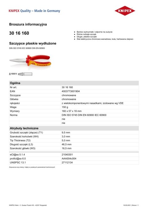 SZCZYPCE IZOLOWANE PŁASKIE WYDŁUŻONE 160MM KNIPEX