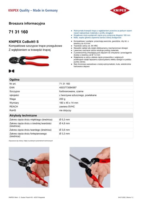 KOMPAKTOWE SZCZYPCE TNĄCE PRZEGUBOWE COBOLT 160MM KNIPEX