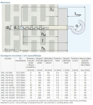 DYBEL RAMOWY Z HAKIEM SUFITOWYM ARL 08/140MM ARVEX