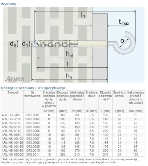 DYBEL RAMOWY Z HAKIEM SUFITOWYM ARL 10/115MM ARVEX