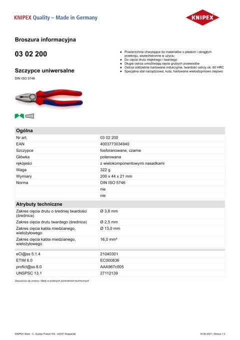 SZCZYPCE UNIWERSALNE PVC 200MM KNIPEX