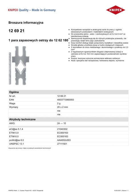 ZAPASOWE OSTRZE DO ŚCIĄGACZA IZOLACJI 1262180 KNIPEX