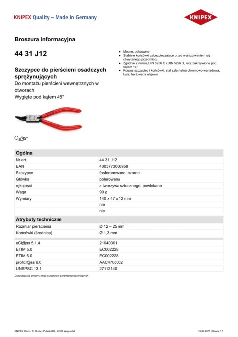 SZCZYPCE DO PIERŚCIENI SEGERA WEWNĘTRZNE 140MM 12-25MM KNIPEX