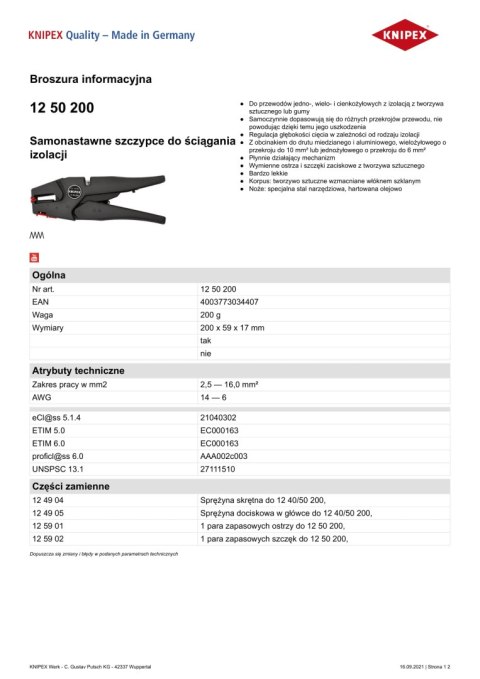 SAMONASTAWNE SZCZYPCE DO ŚCIĄGANIA IZOLACJI KNIPEX