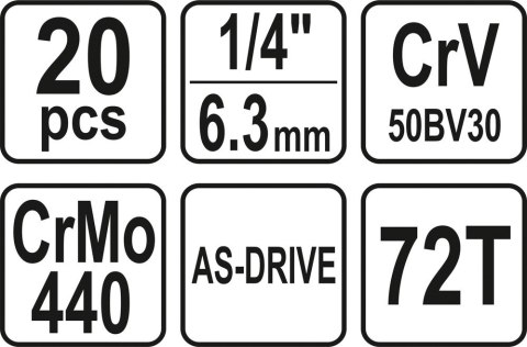 ZESTAW NARZĘDZIOWY 1/4'' 20 CZĘŚCI XS YATO