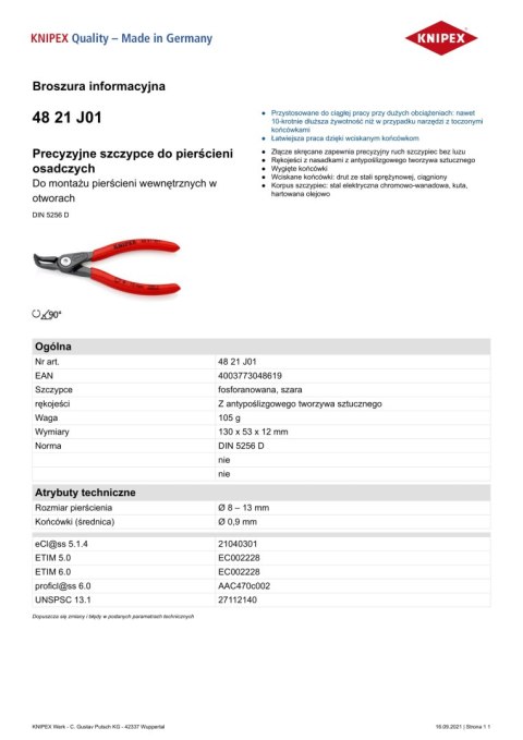 PRECYZYJNE SZCZYPCE DO PIERŚCIENI WEW.WYGIĘTE 130MM 8-13MM KNIPEX